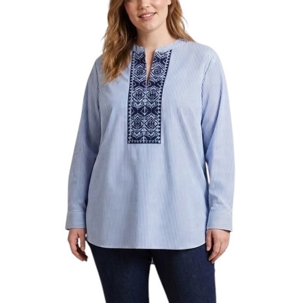 Chaps Womens Plus 1X Blue‎ White Striped Embroidered Split Neck Tunic Blouse